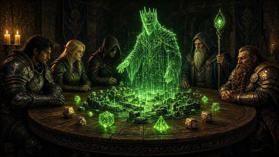 Five adventurers around a candlelit table as a glowing, crowned holographic Dungeon Master rises over a miniature dungeon