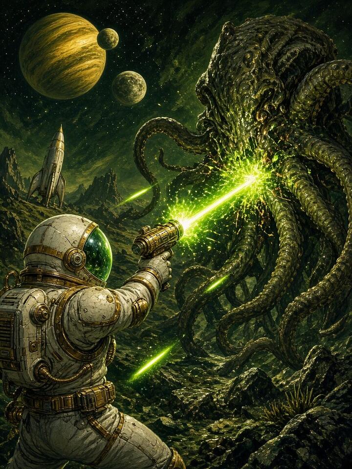 A retro spaceman in a gold-trimmed suit firing a green laser pistol at a giant tentacled alien