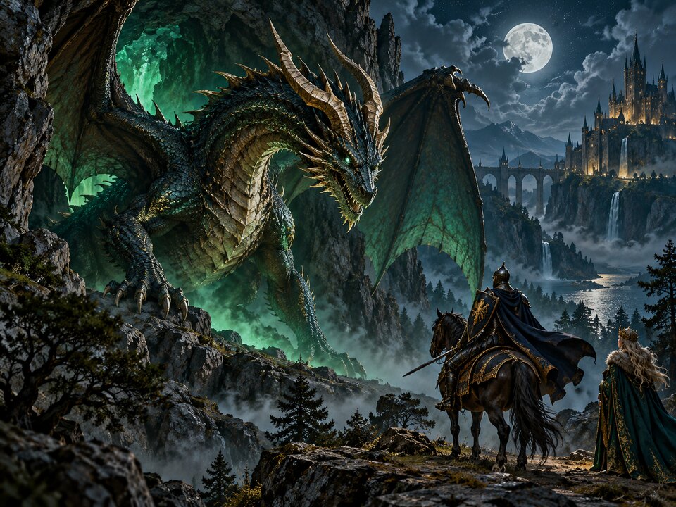 A knight on horseback faces a horned dragon emerging from a moonlit mountain cave