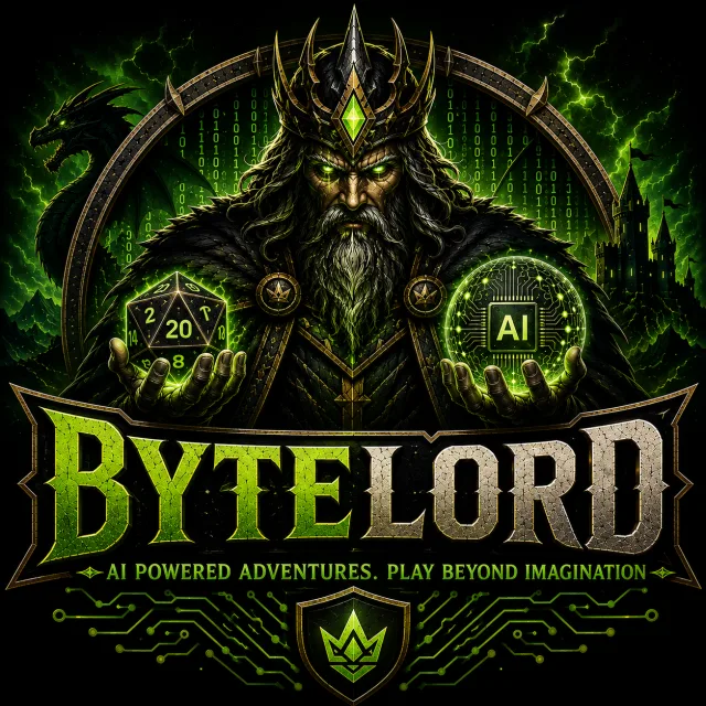 ByteLord: a crowned lord holding a glowing d20 in one hand and an AI core in the other